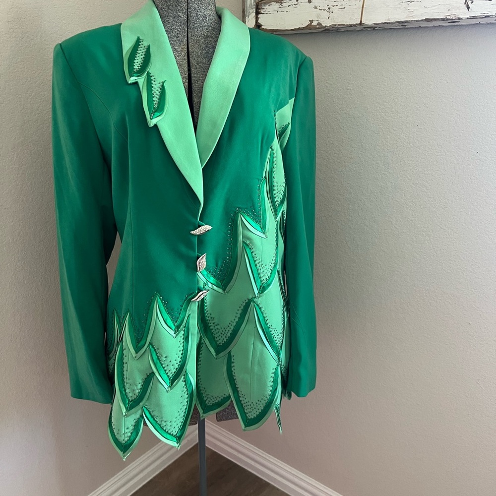 Vintage St. Anthony Elegant Green Leaf-Patterned Women's Blazer